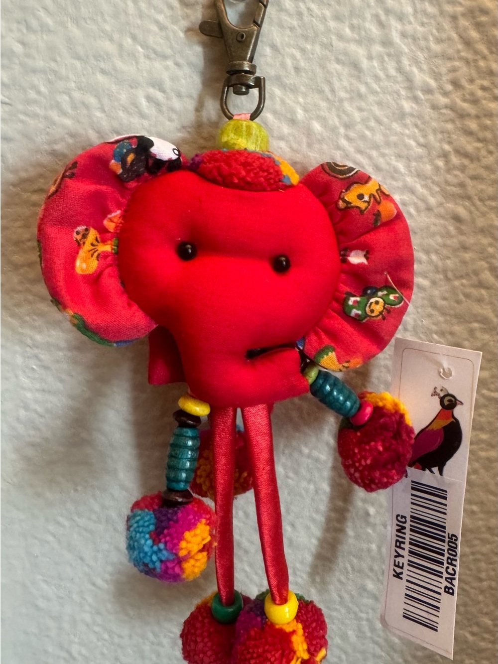 Bright Red LUCKY Elephant Plush Keyring or purse charm.  Handmade in Nepal